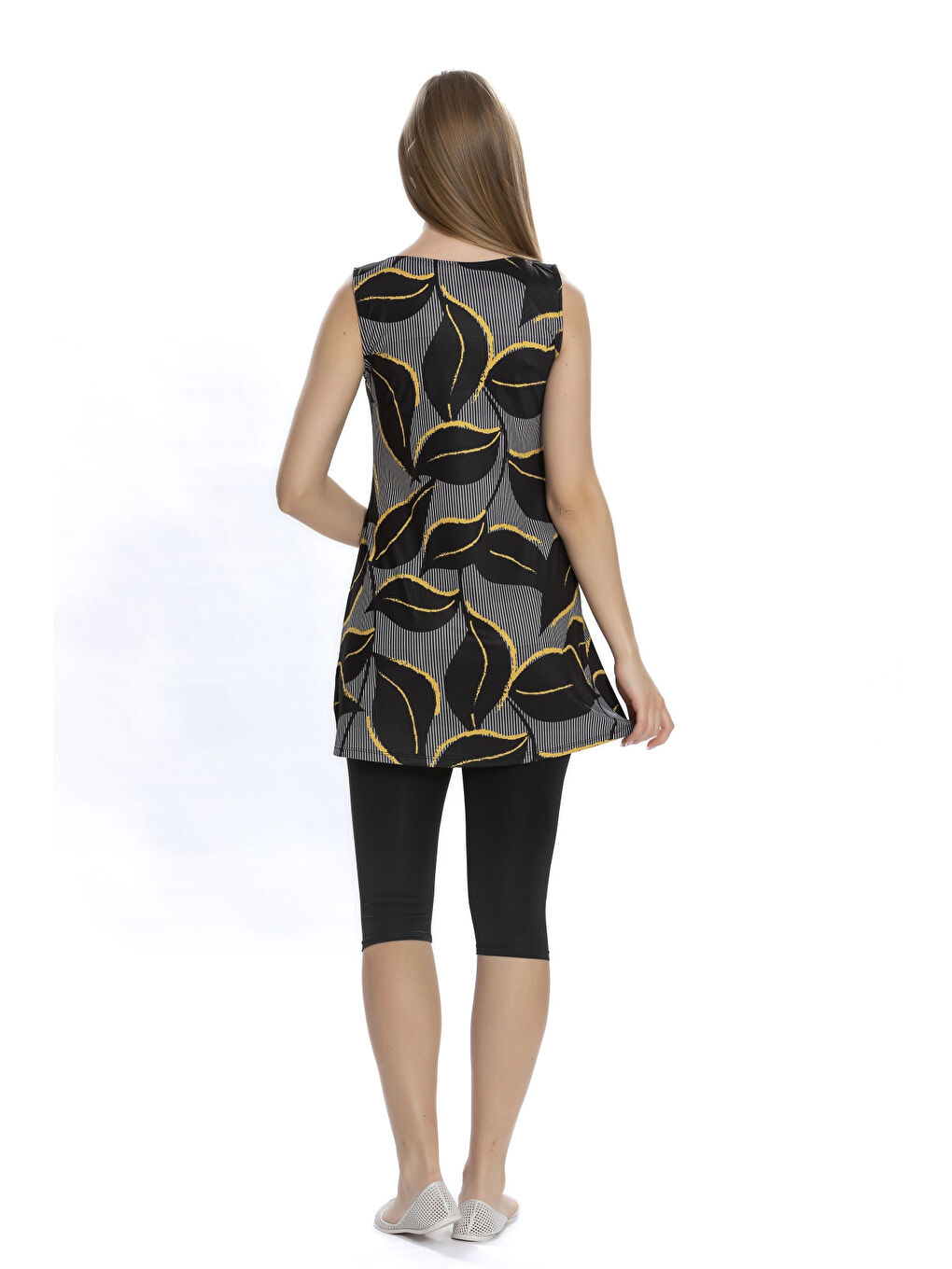 Kadın Siyah Yaprak Desen Kolsuz Yarı Kapalı Taytlı Mayo HZL25S-AR152/506-1