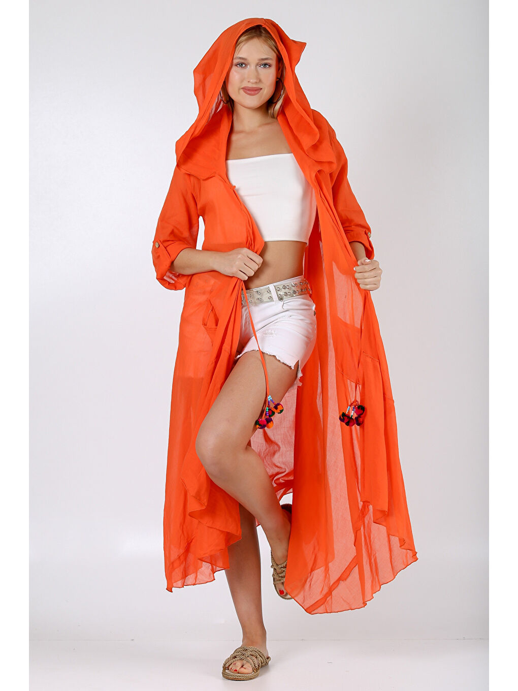 İtalyan Turuncu 3/4 Kol Bağlamalı Cepli Ponponlu El İşi İşlemeli Dokuma Kimono