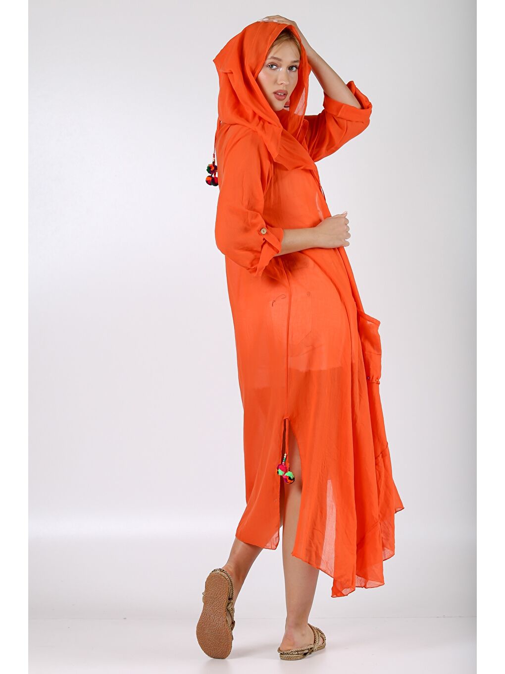 İtalyan Turuncu 3/4 Kol Bağlamalı Cepli Ponponlu El İşi İşlemeli Dokuma Kimono-1