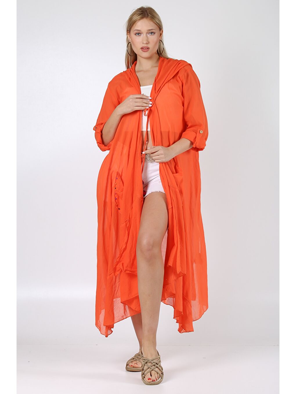 İtalyan Turuncu 3/4 Kol Bağlamalı Cepli Ponponlu El İşi İşlemeli Dokuma Kimono-2