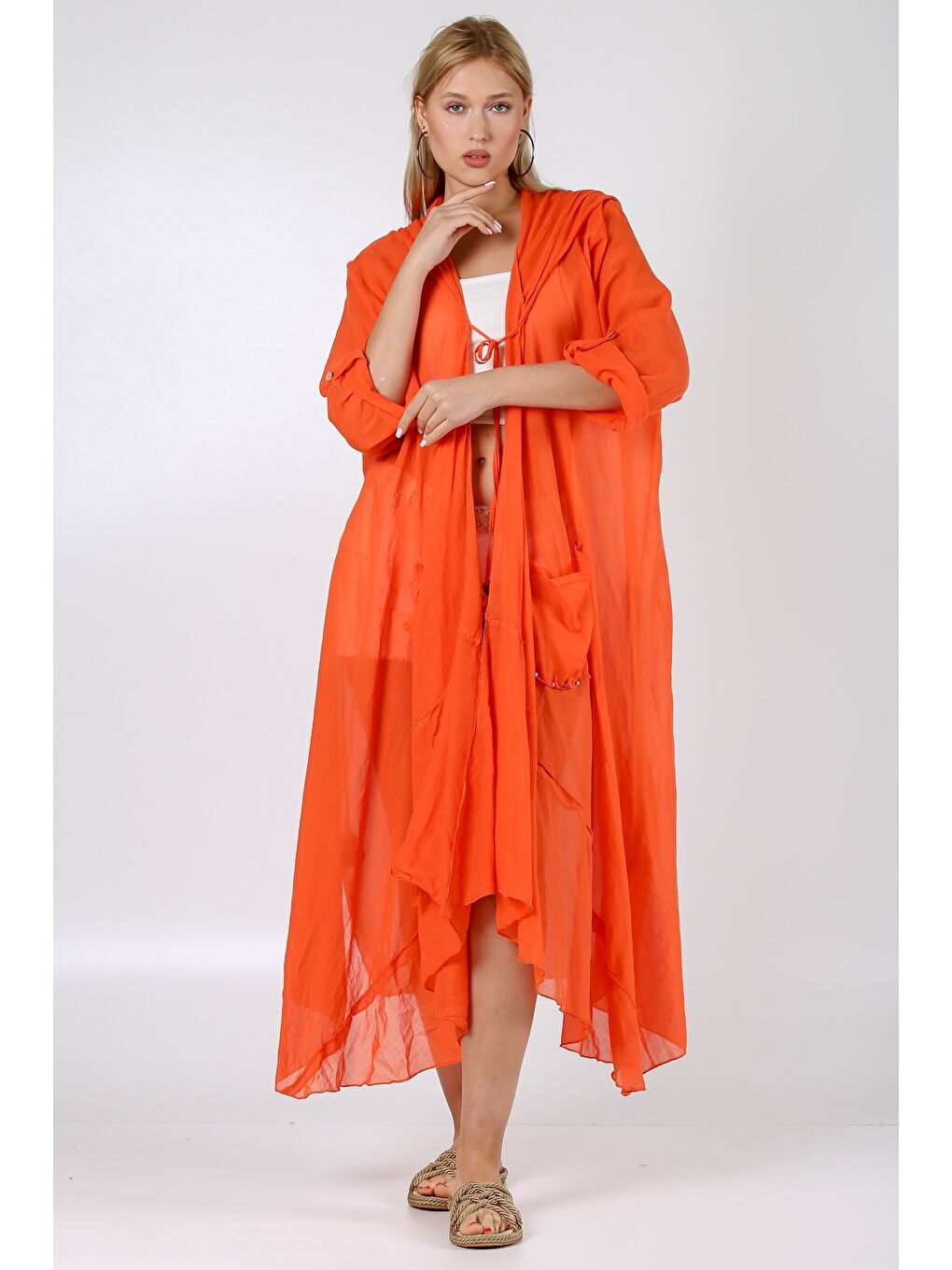 İtalyan Turuncu 3/4 Kol Bağlamalı Cepli Ponponlu El İşi İşlemeli Dokuma Kimono-3