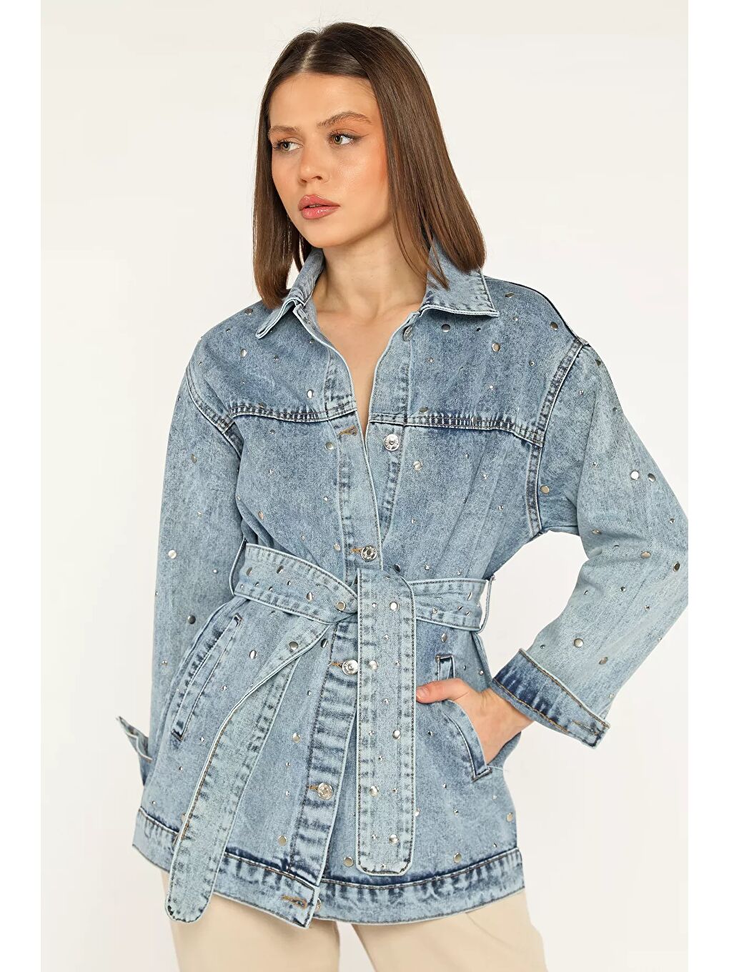 Mavi Bel Kemerli Taşlı Jean Ceket
