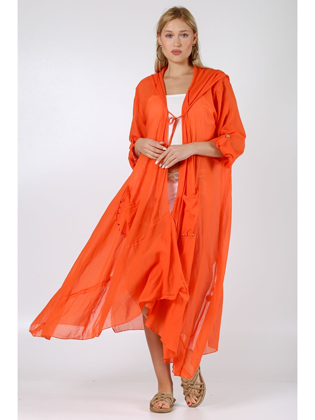 İtalyan Turuncu 3/4 Kol Bağlamalı Cepli Ponponlu El İşi İşlemeli Dokuma Kimono-4