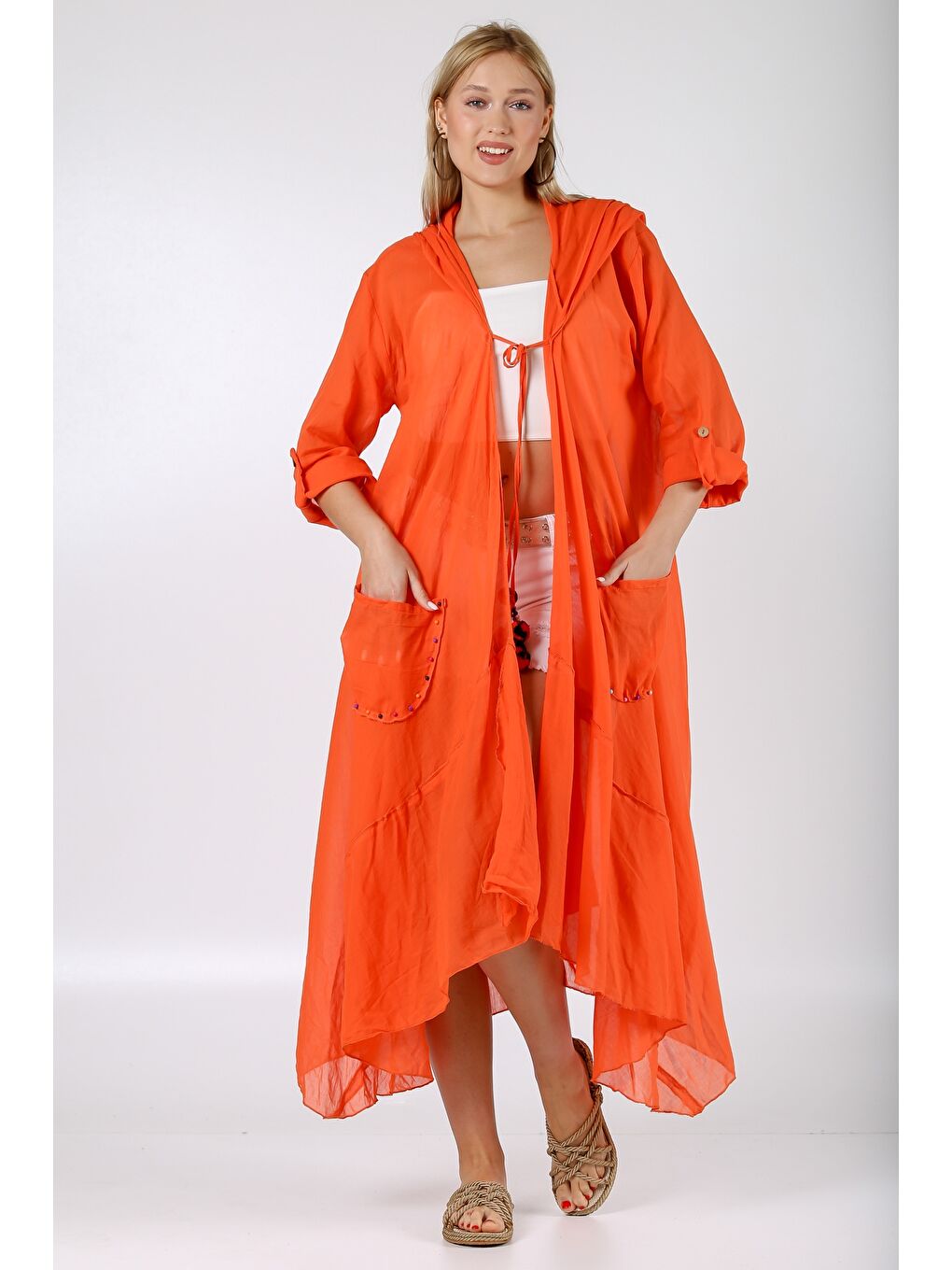 İtalyan Turuncu 3/4 Kol Bağlamalı Cepli Ponponlu El İşi İşlemeli Dokuma Kimono-5