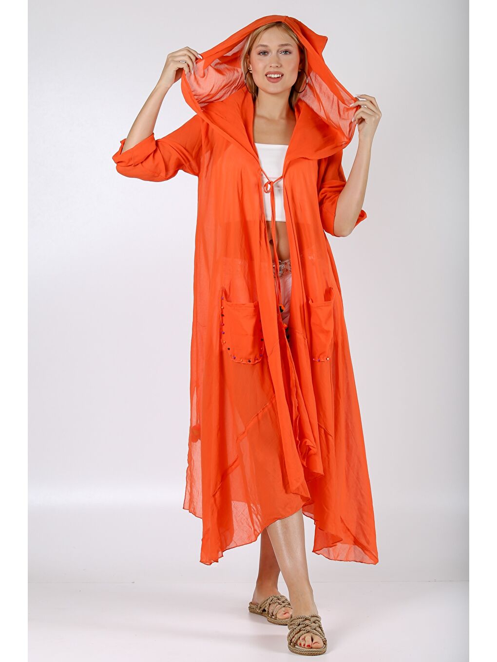 İtalyan Turuncu 3/4 Kol Bağlamalı Cepli Ponponlu El İşi İşlemeli Dokuma Kimono-6