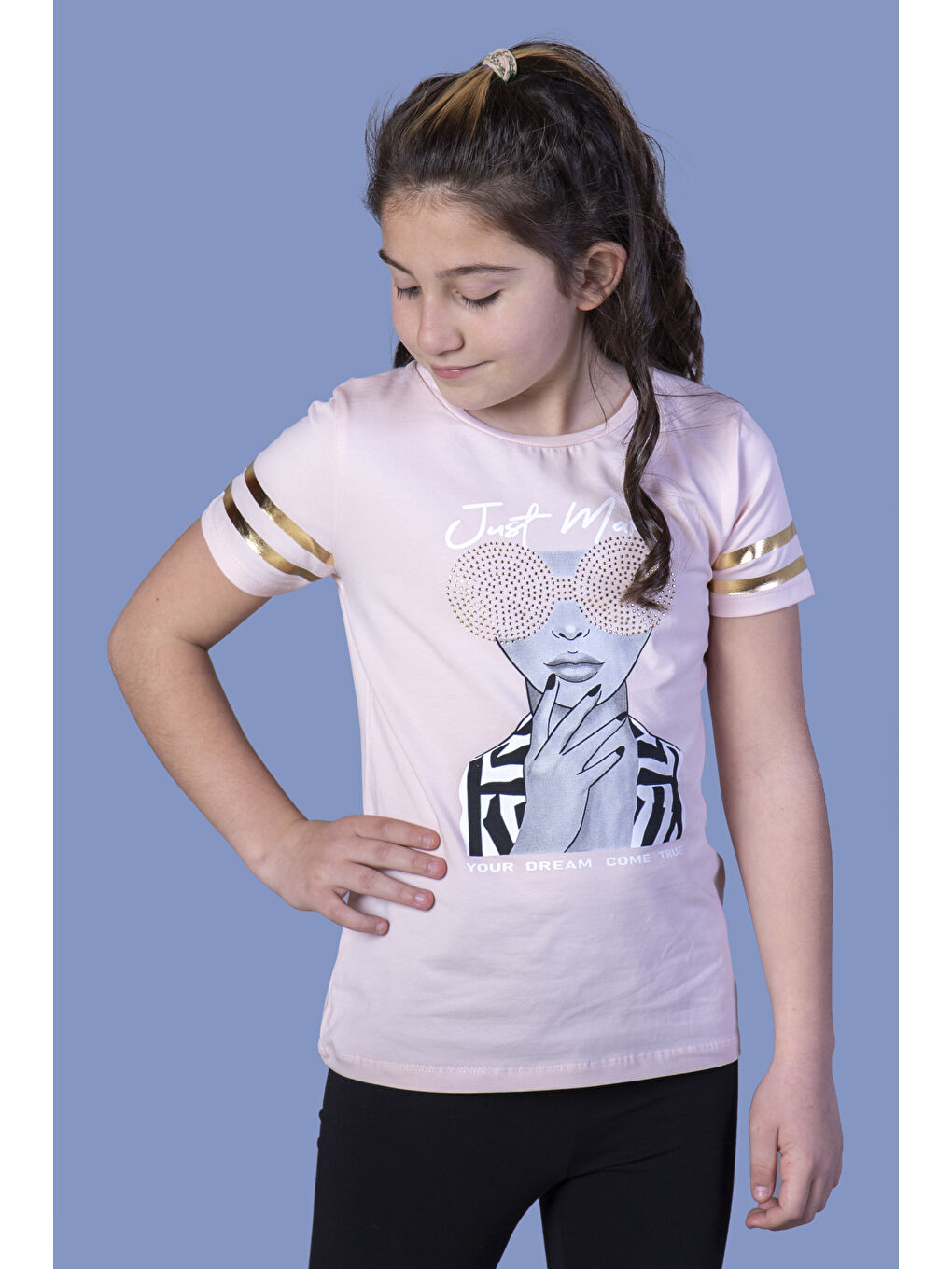 Pembe Kız Çocuk Baskılı Taş İşlemeli Arkası Tül Detaylı Tişört