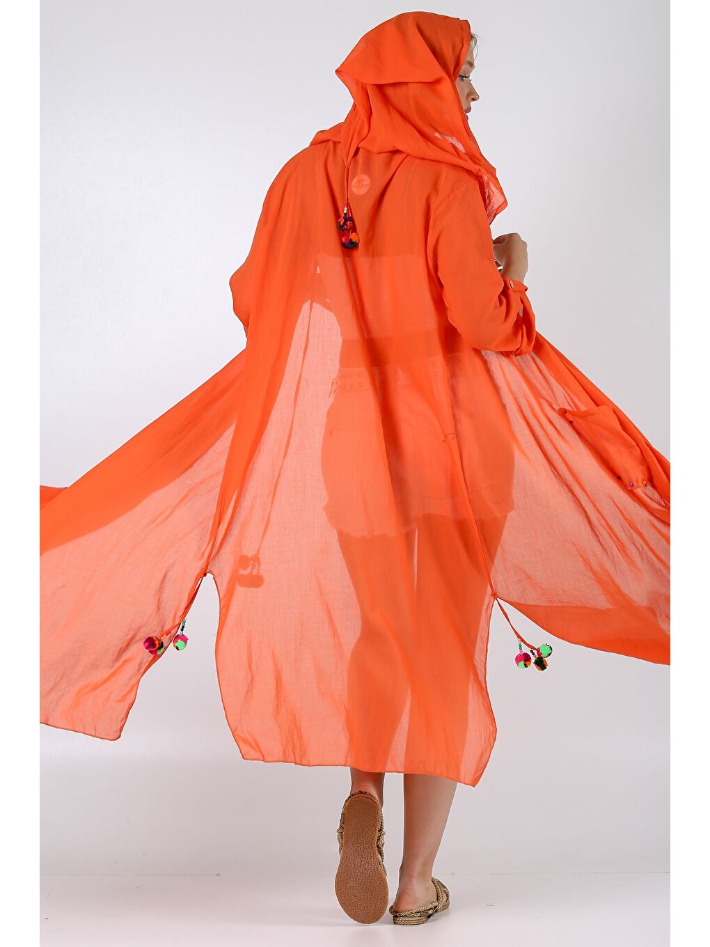 İtalyan Turuncu 3/4 Kol Bağlamalı Cepli Ponponlu El İşi İşlemeli Dokuma Kimono-7