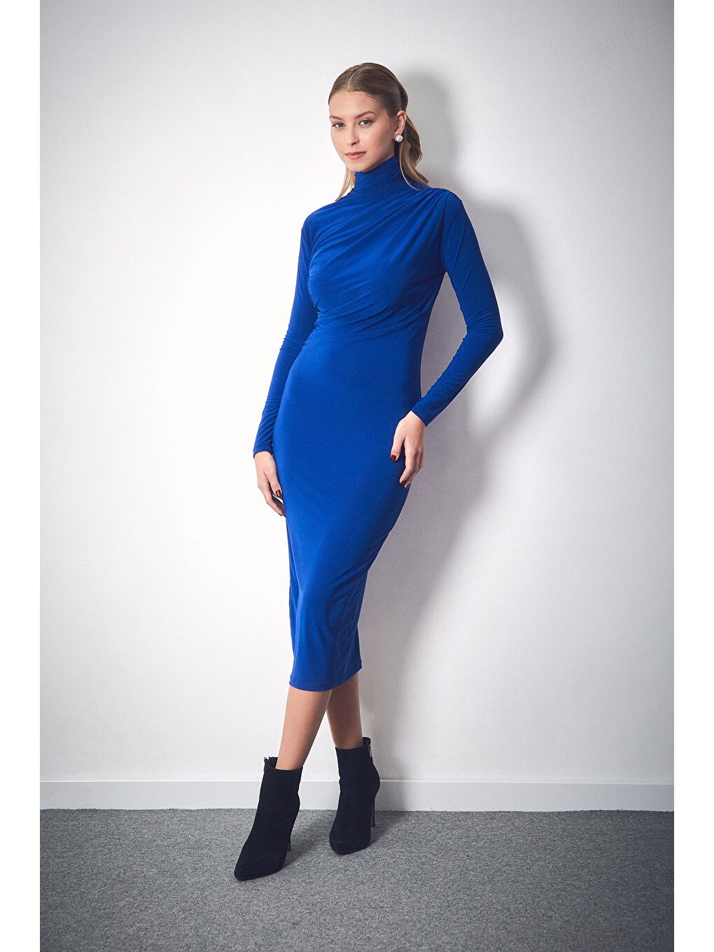 Mavi Yanı Büzgülü Balıkçı Yaka Elbise-1