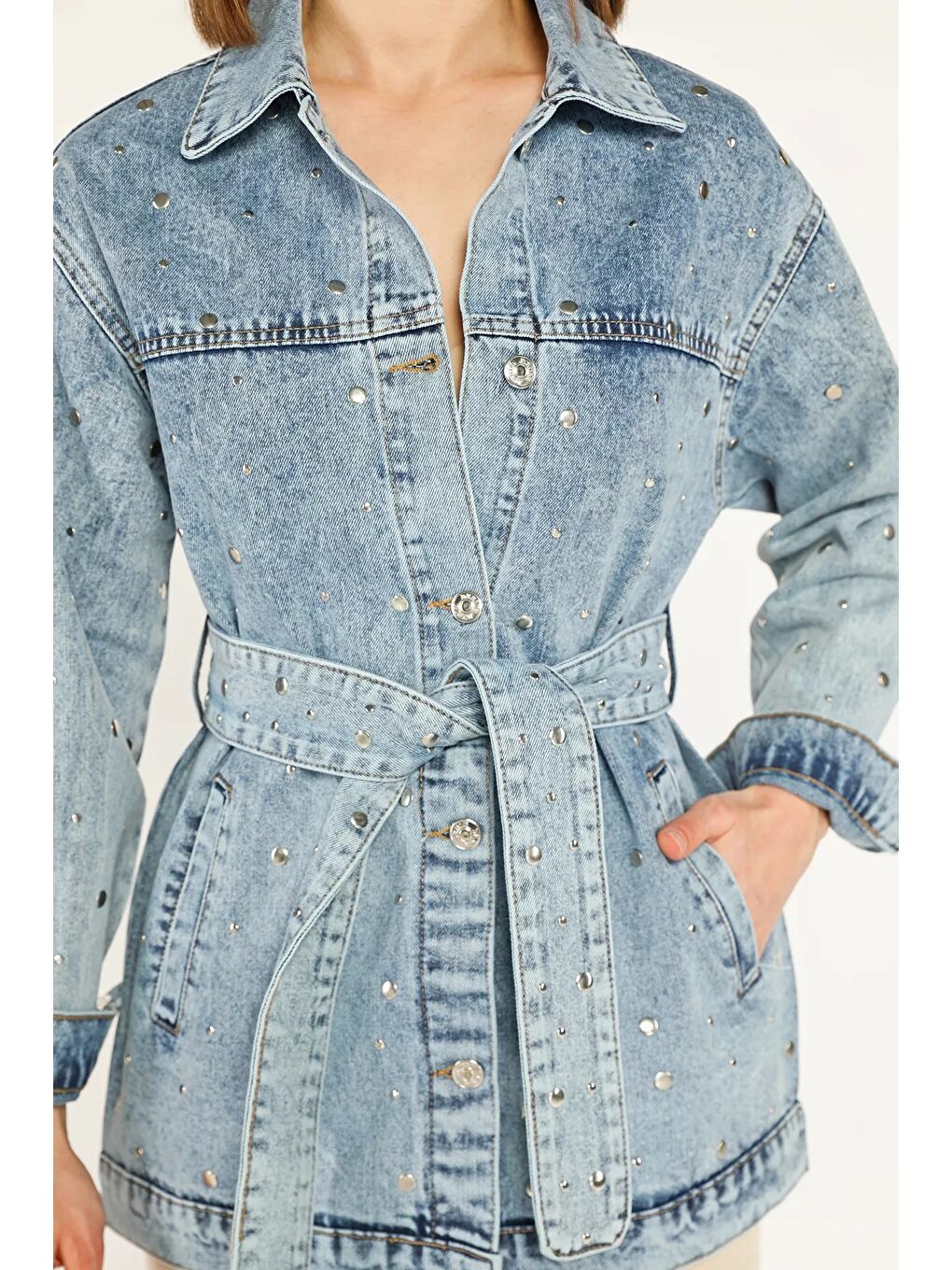 Mavi Bel Kemerli Taşlı Jean Ceket-3