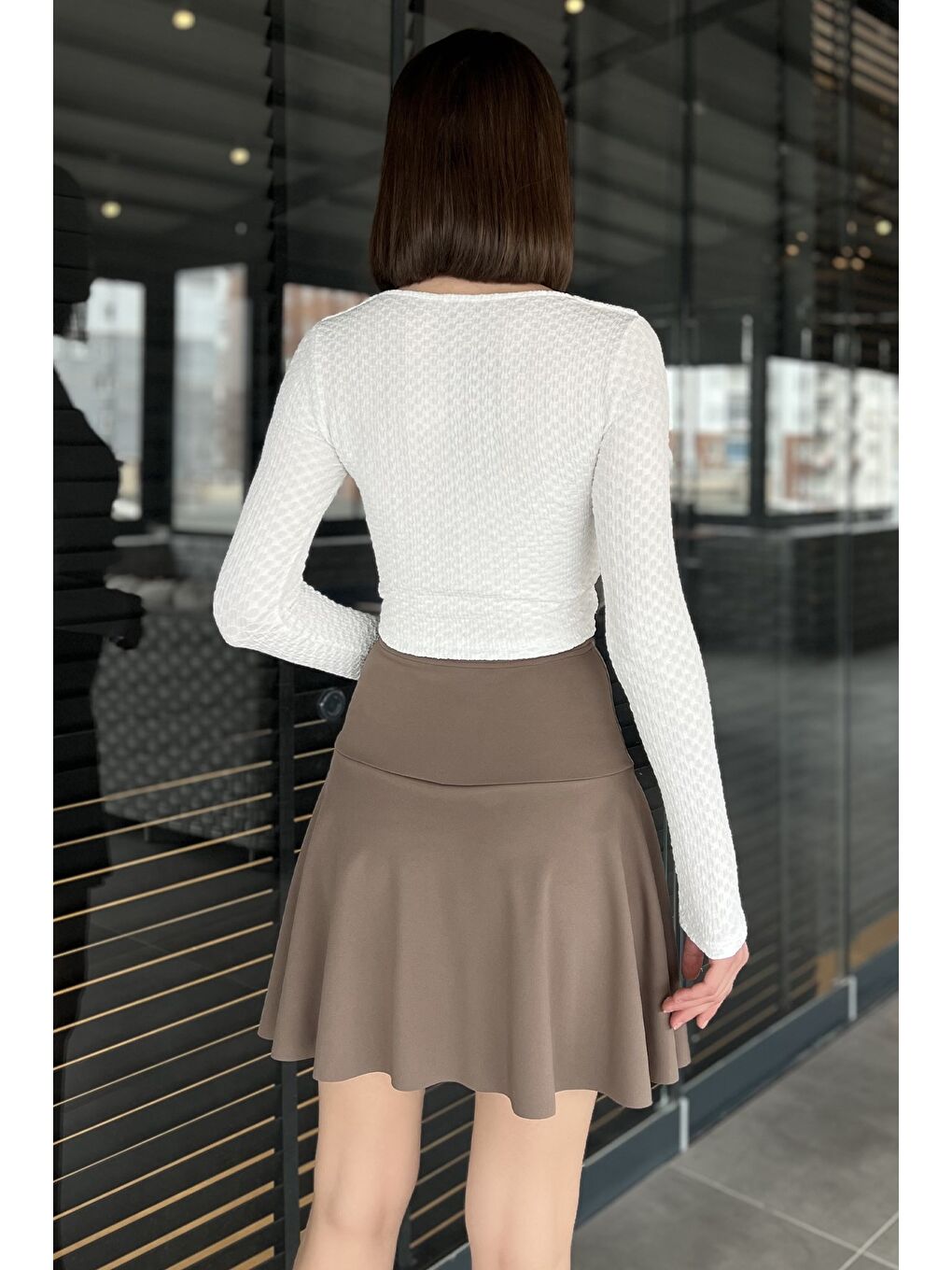 Bej Kadın İçi Şortlu Mini Etek-2