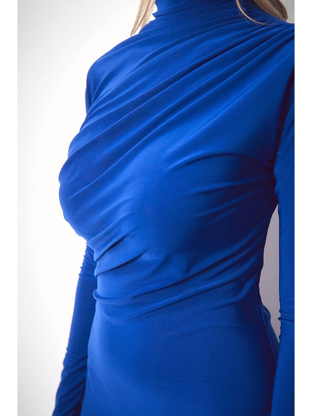 Mavi Yanı Büzgülü Balıkçı Yaka Elbise-3