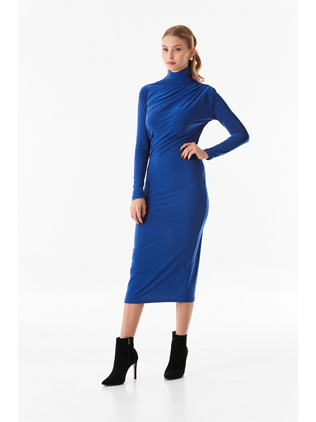 Mavi Yanı Büzgülü Balıkçı Yaka Elbise-4