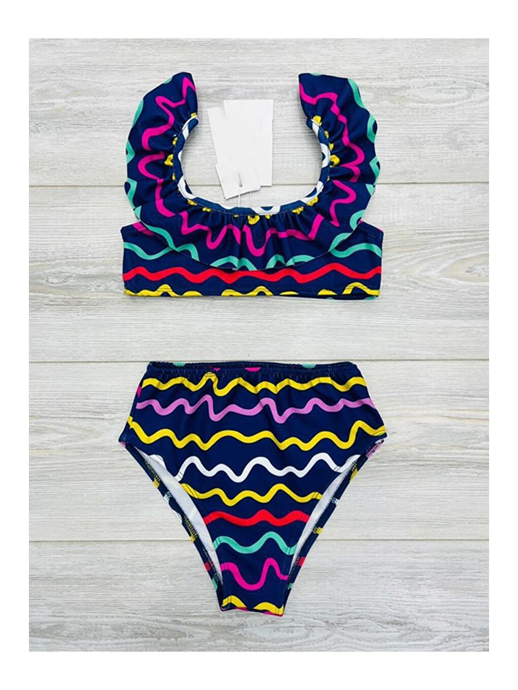 Lacivert Fırfırlı Baskılı Kız Çocuk Bikini