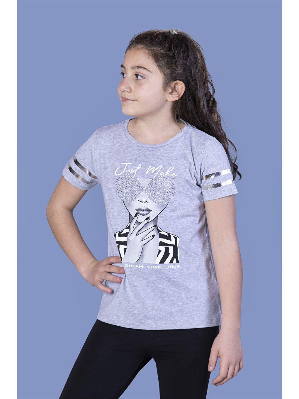 Gri Kız Çocuk Baskılı Taş İşlemeli Arkası Tül Detaylı Tişört