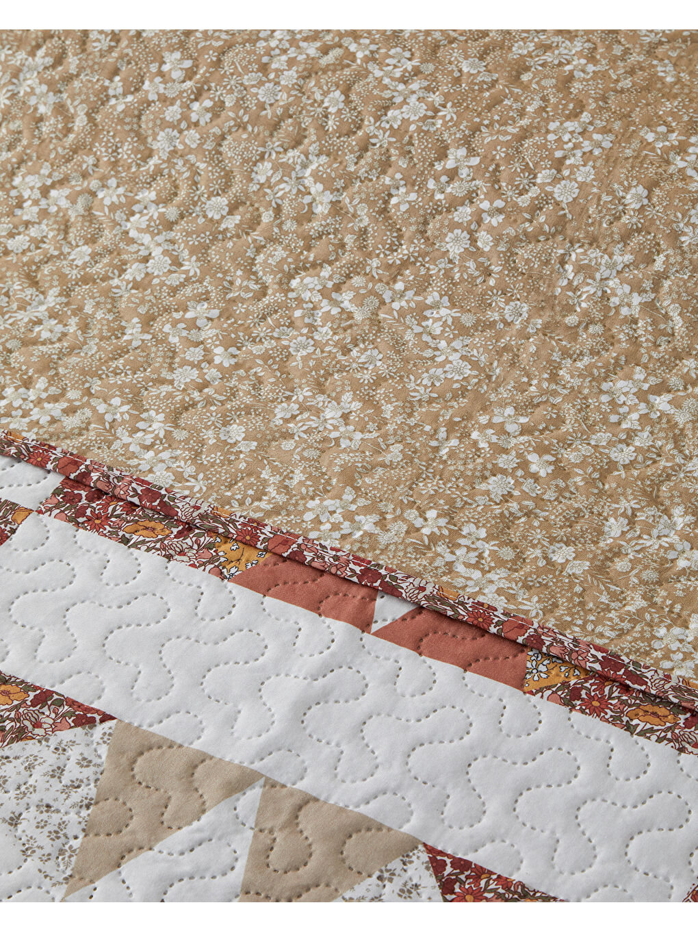 Kahverengi Vintage Lace Patchwork Çift Taraflı Çok Amaçlı Tek Kişilik Yatak Örtüsü Takımı 160x220 cm Terracotta-2