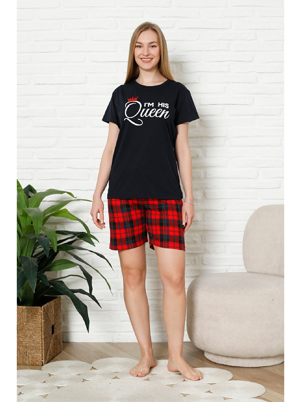 Lacivert Kadın Pijama Takımı - Ekose Altlı (Diz Üstü) - 12426