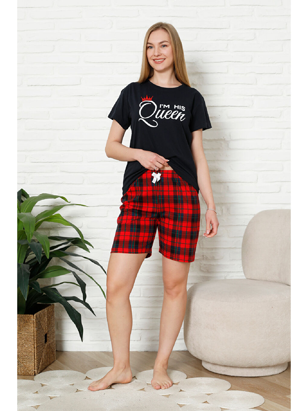 Lacivert Kadın Pijama Takımı - Ekose Altlı (Diz Üstü) - 12426-1