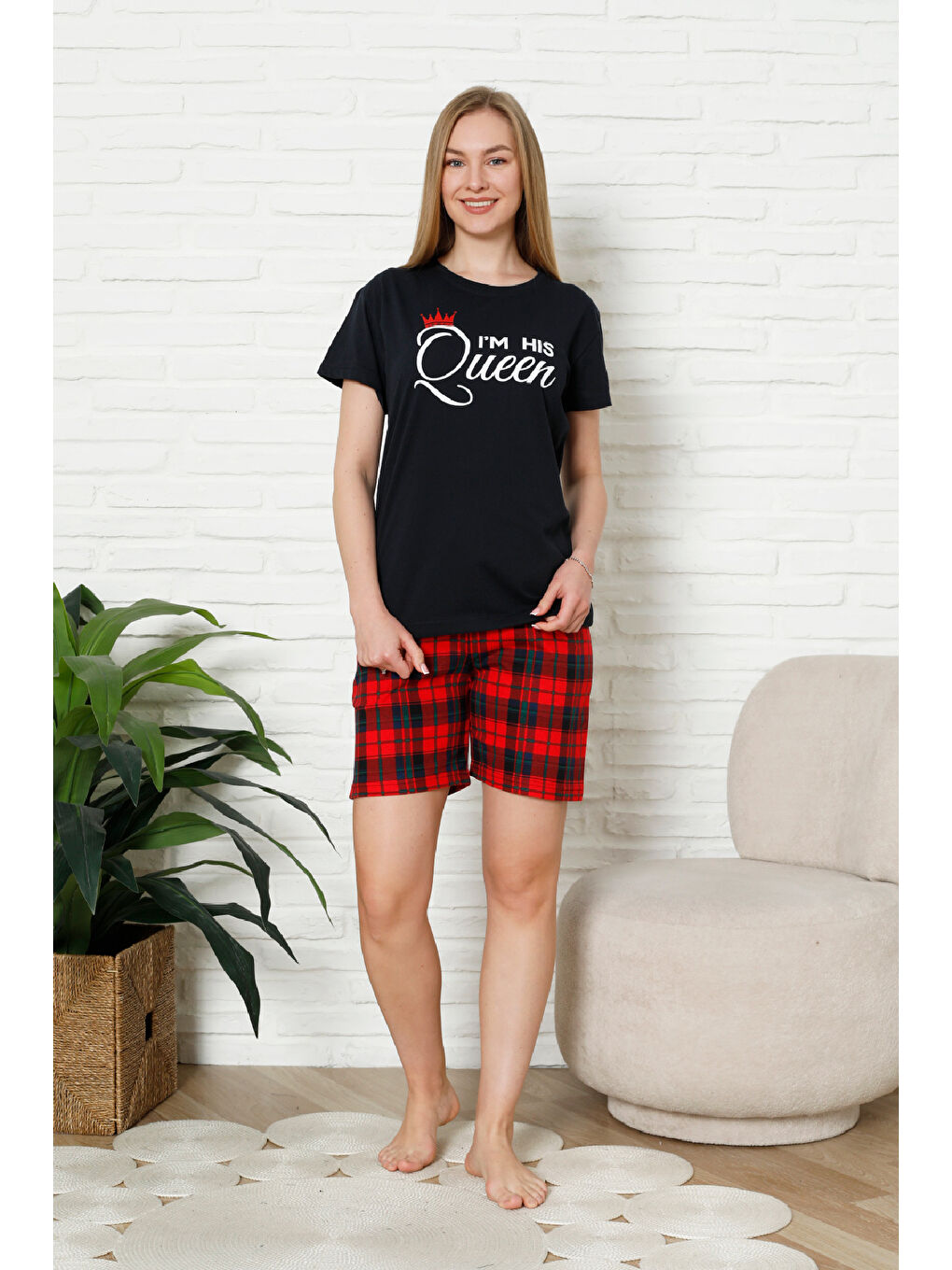 Lacivert Kadın Pijama Takımı - Ekose Altlı (Diz Üstü) - 12426-2