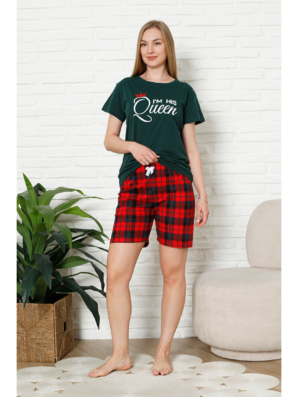 Petrol Kadın Pijama Takımı - Ekose Altlı (Diz Üstü) - 12426-1