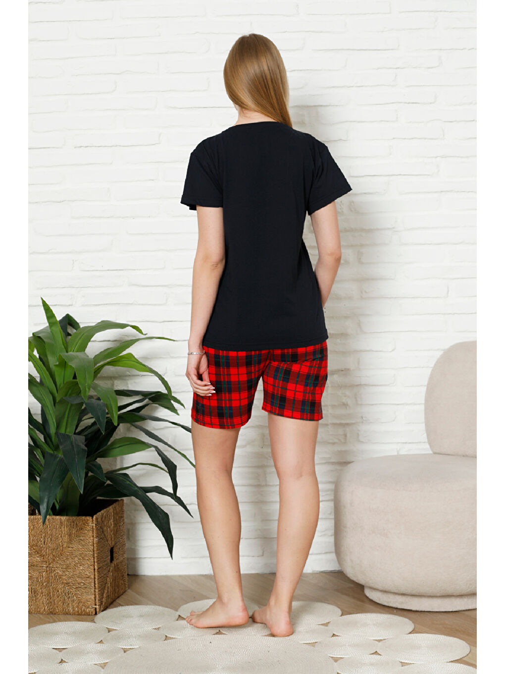 Lacivert Kadın Pijama Takımı - Ekose Altlı (Diz Üstü) - 12426-3