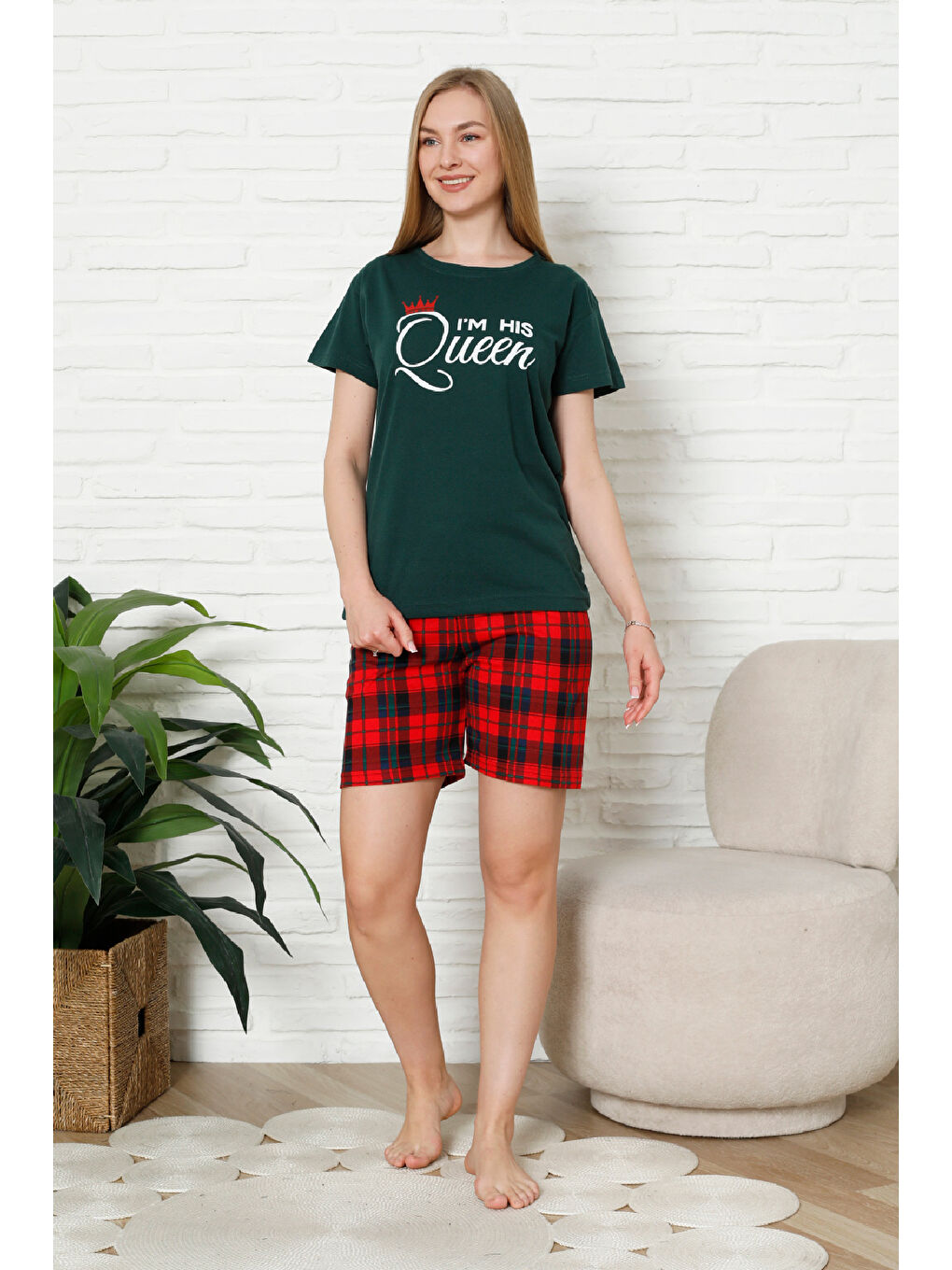 Petrol Kadın Pijama Takımı - Ekose Altlı (Diz Üstü) - 12426-2