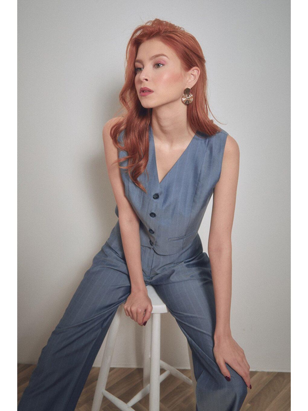 Mavi Kruvaze Yaka Çizgili Yelek-2