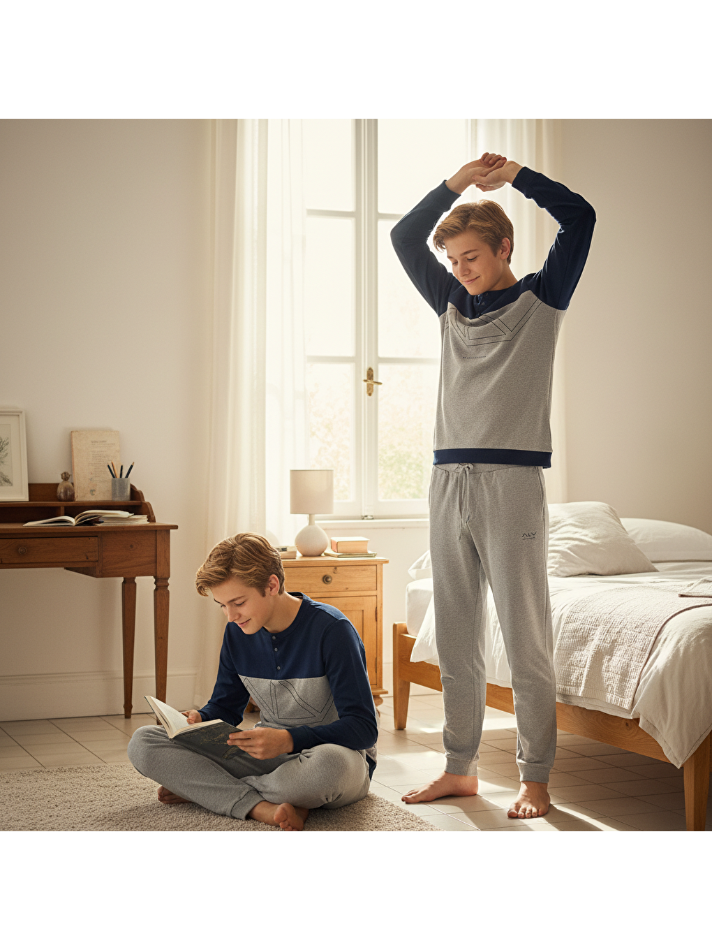 Genç Erkek Pamuklu Lacivert - Gri Renk Pijama Takımı Al008 V1 Bb2438-1