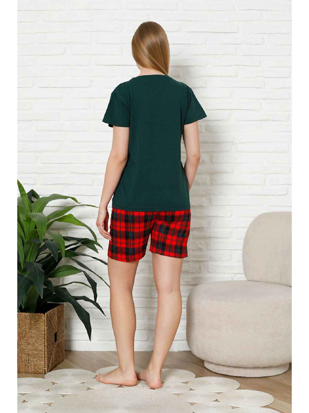 Petrol Kadın Pijama Takımı - Ekose Altlı (Diz Üstü) - 12426-3