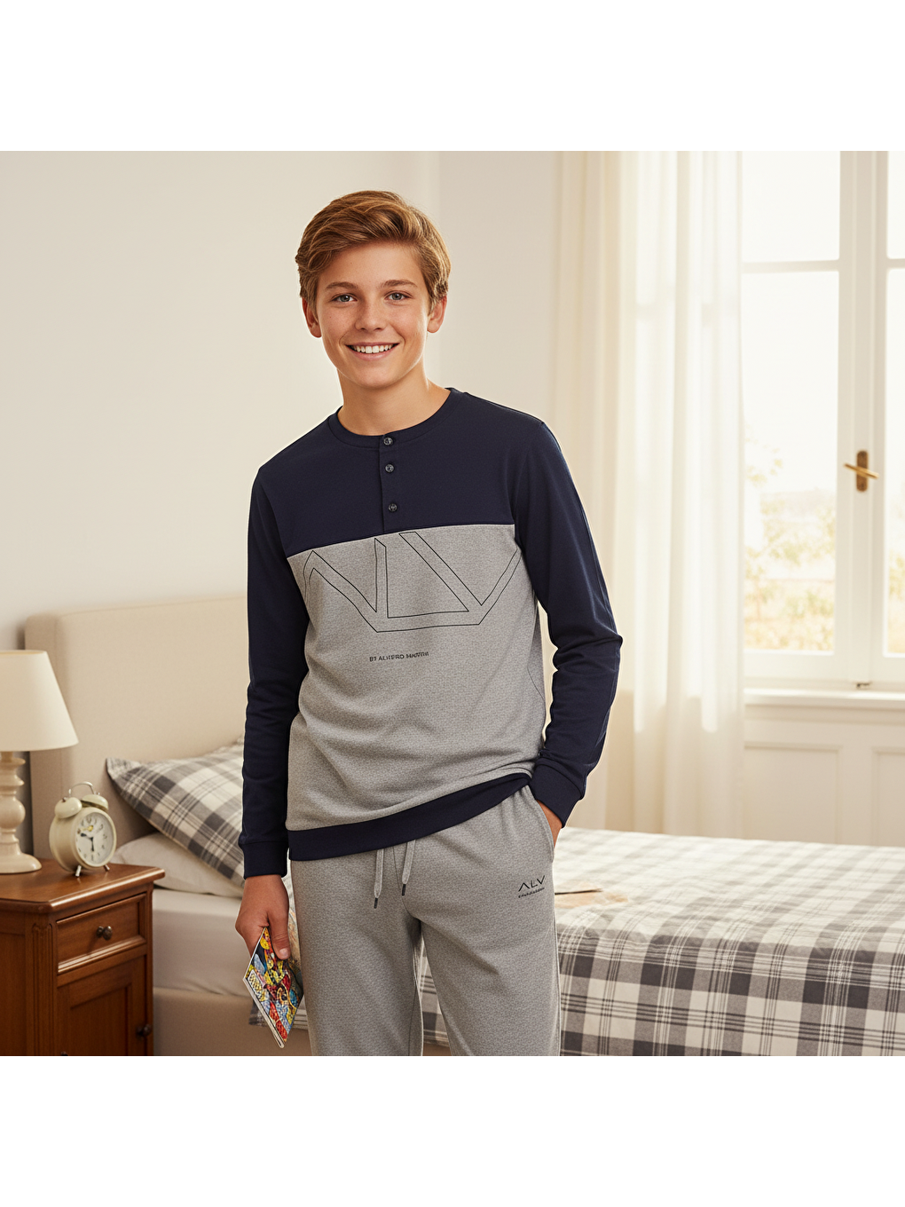 Genç Erkek Pamuklu Lacivert - Gri Renk Pijama Takımı Al008 V1 Bb2438-2