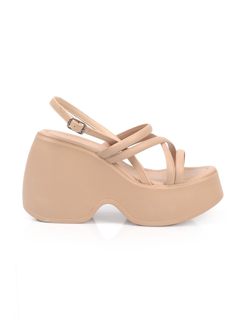 Bej Yüksek Dolgu Topuk Bilekten Bantlı Kadın Sandalet-2