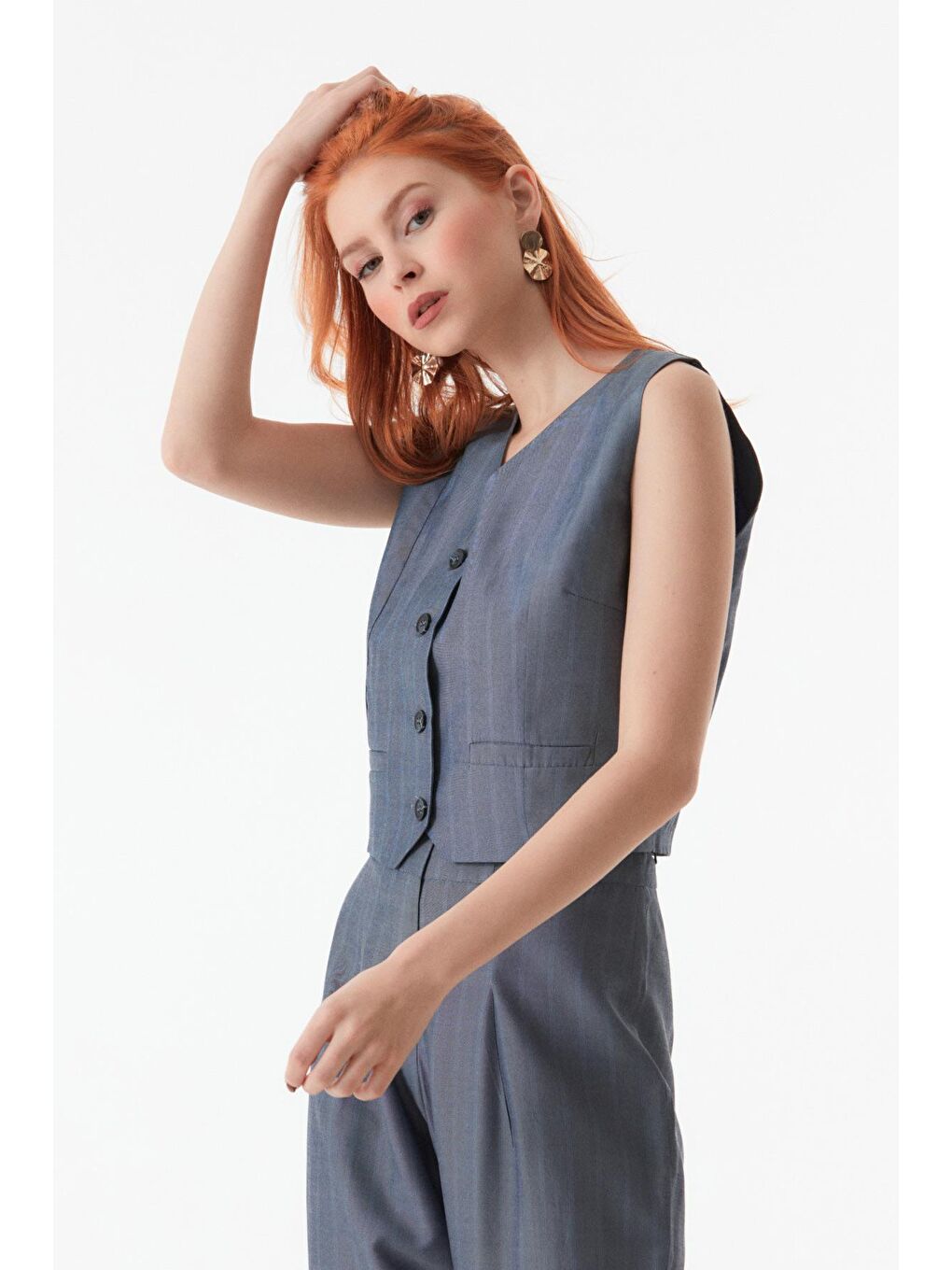 Mavi Kruvaze Yaka Çizgili Yelek-3