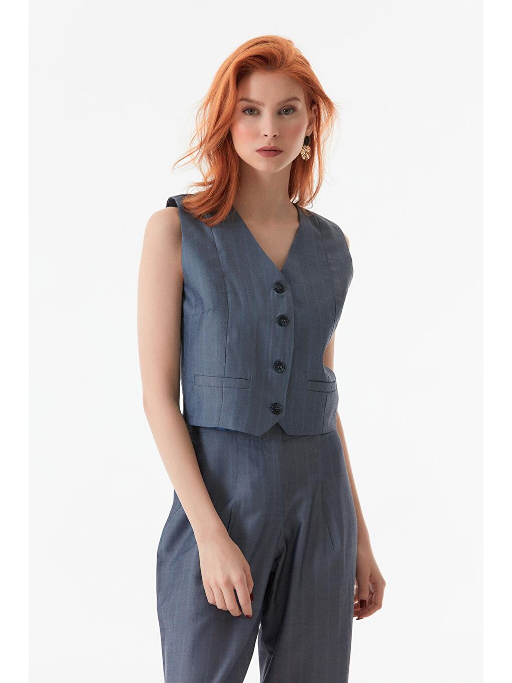 Mavi Kruvaze Yaka Çizgili Yelek-4