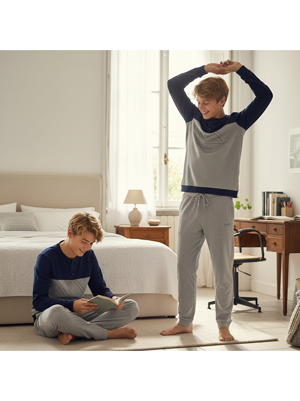 Genç Erkek Pamuklu Lacivert - Gri Renk Pijama Takımı Al008 V1 Bb2438-5