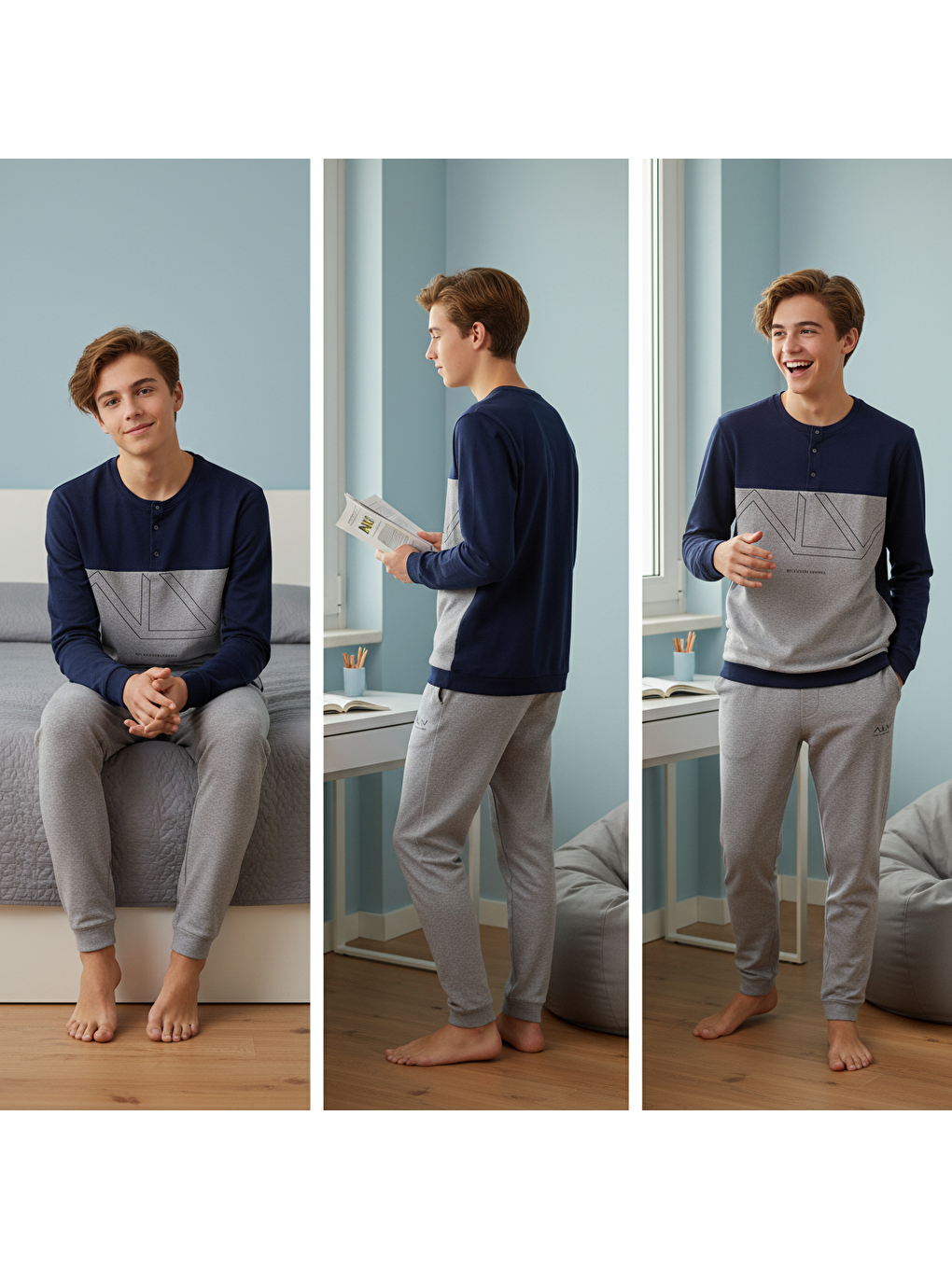 Genç Erkek Pamuklu Lacivert - Gri Renk Pijama Takımı Al008 V1 Bb2438-6