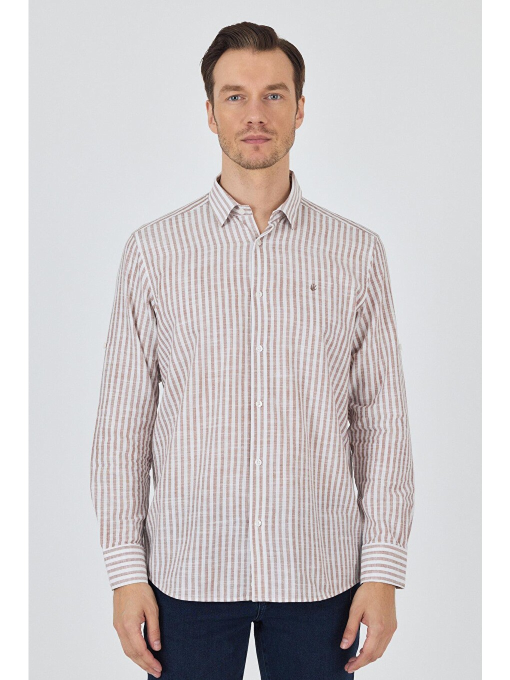 Kahverengi Kısalabilir Kol Cepsiz Pamuk Casual Comfort Fit Gömlek 1004250128