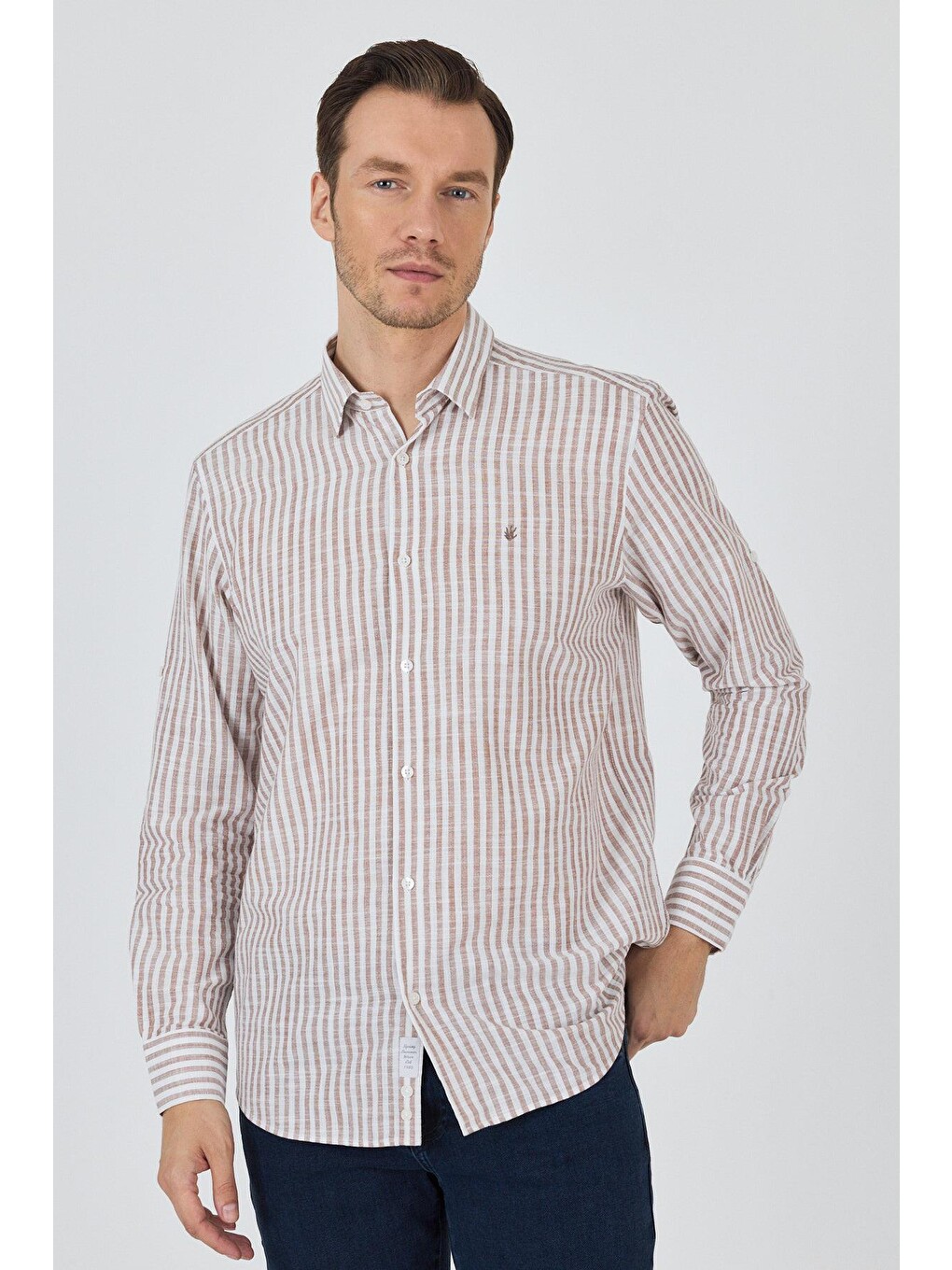 Kahverengi Kısalabilir Kol Cepsiz Pamuk Casual Comfort Fit Gömlek 1004250128-1