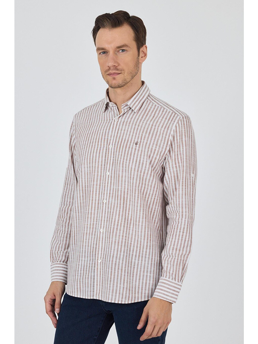 Kahverengi Kısalabilir Kol Cepsiz Pamuk Casual Comfort Fit Gömlek 1004250128-2