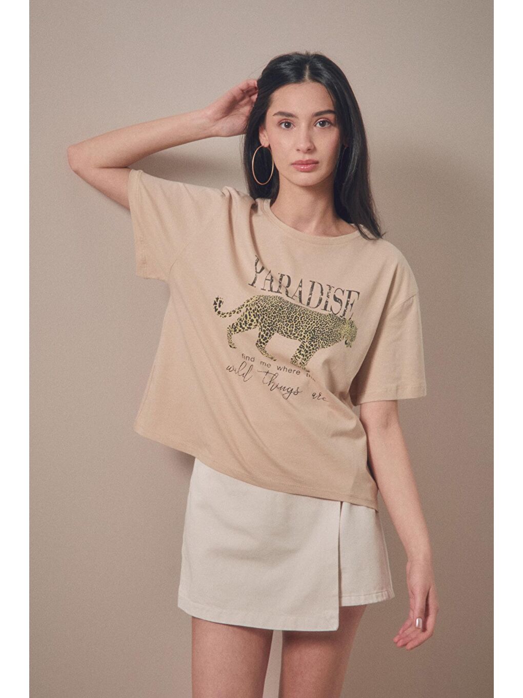 Bej Paradise Baskılı Oversize Tişört