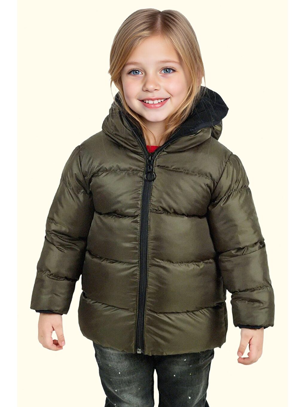 Haki Kız Çocuk Polarlı Kürklü Kapüşonlu Su Geçirmez Rüzgara Dayanıklı Şişme Kışlık Mont Kaban
