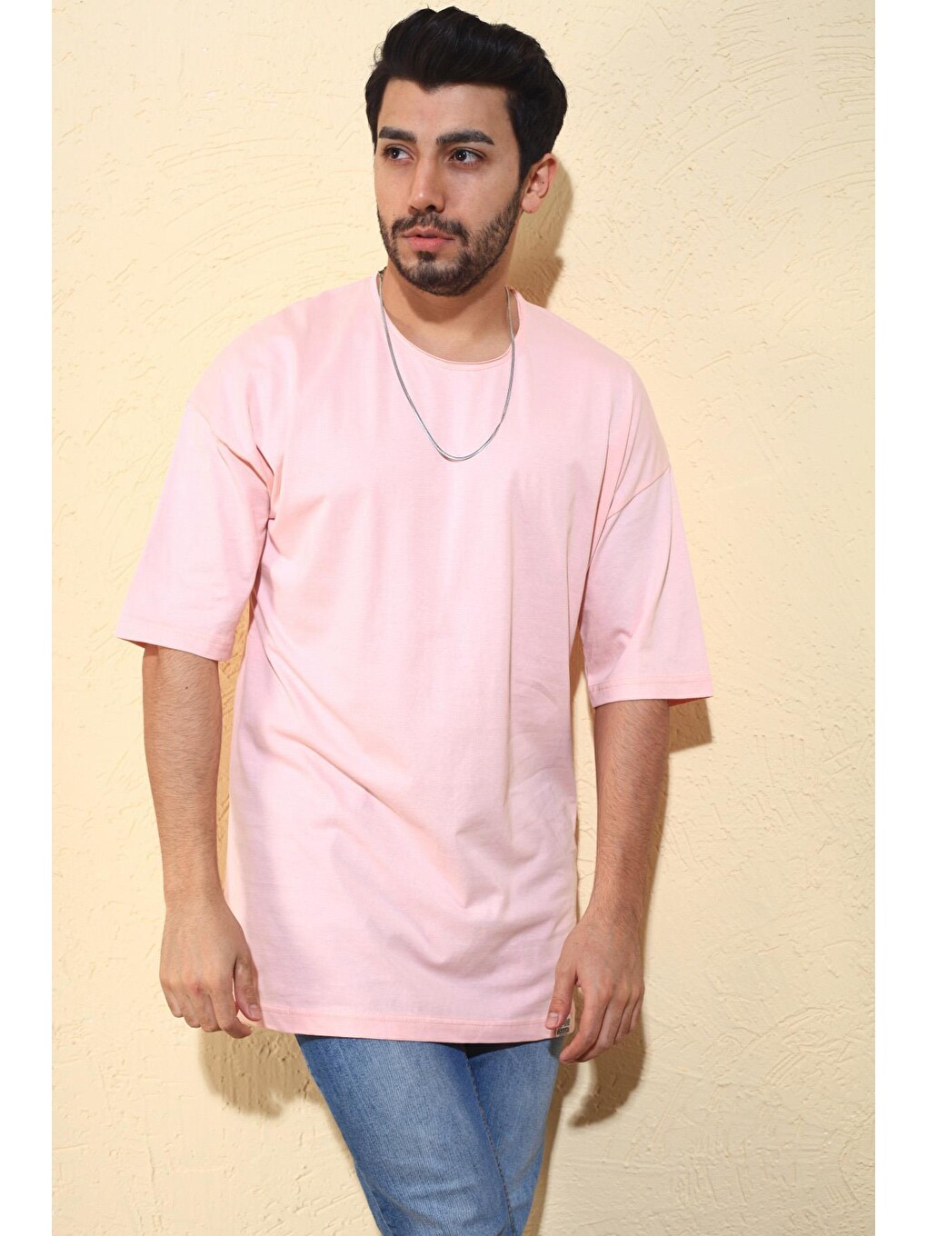 Pembe Pamuklu Basic Bisiklet Yaka Erkek Tişört