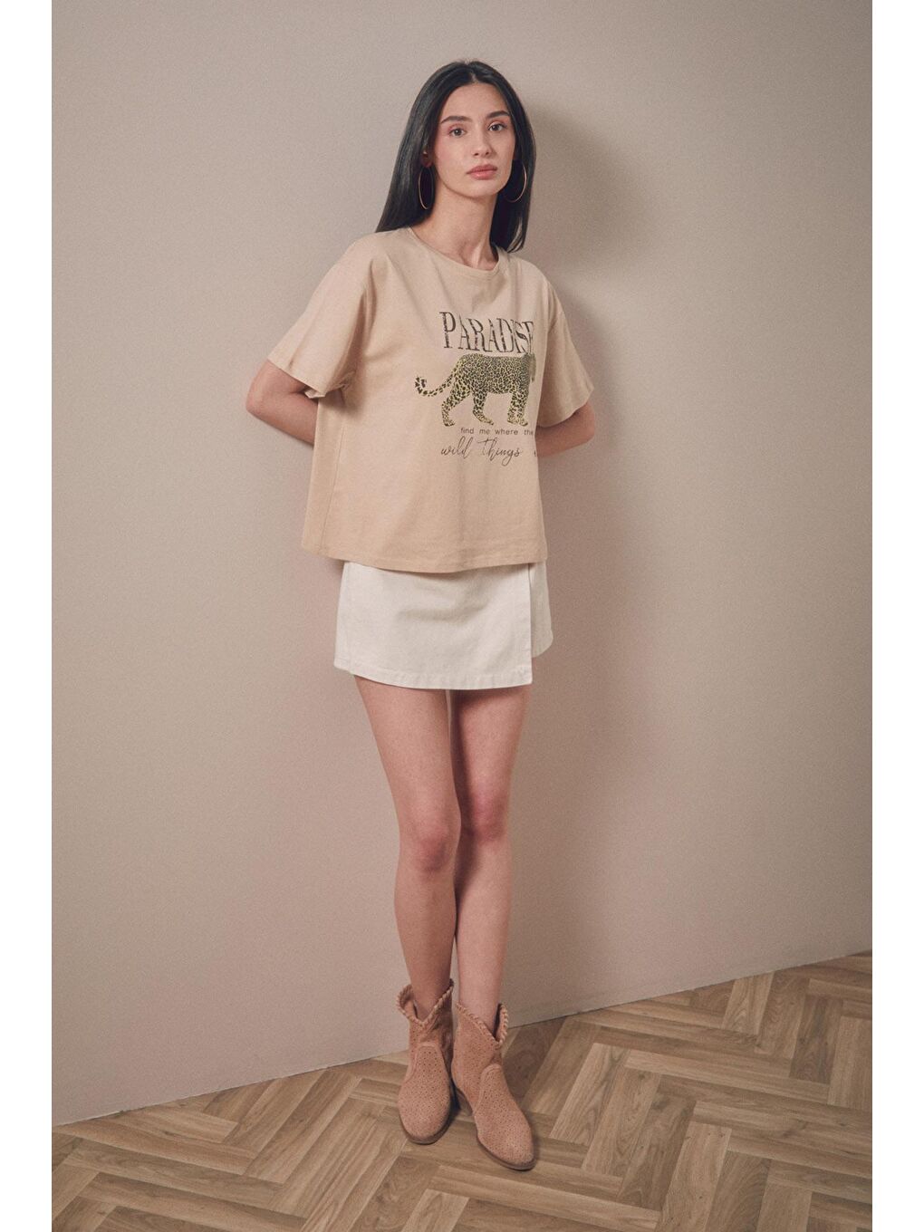 Bej Paradise Baskılı Oversize Tişört-1