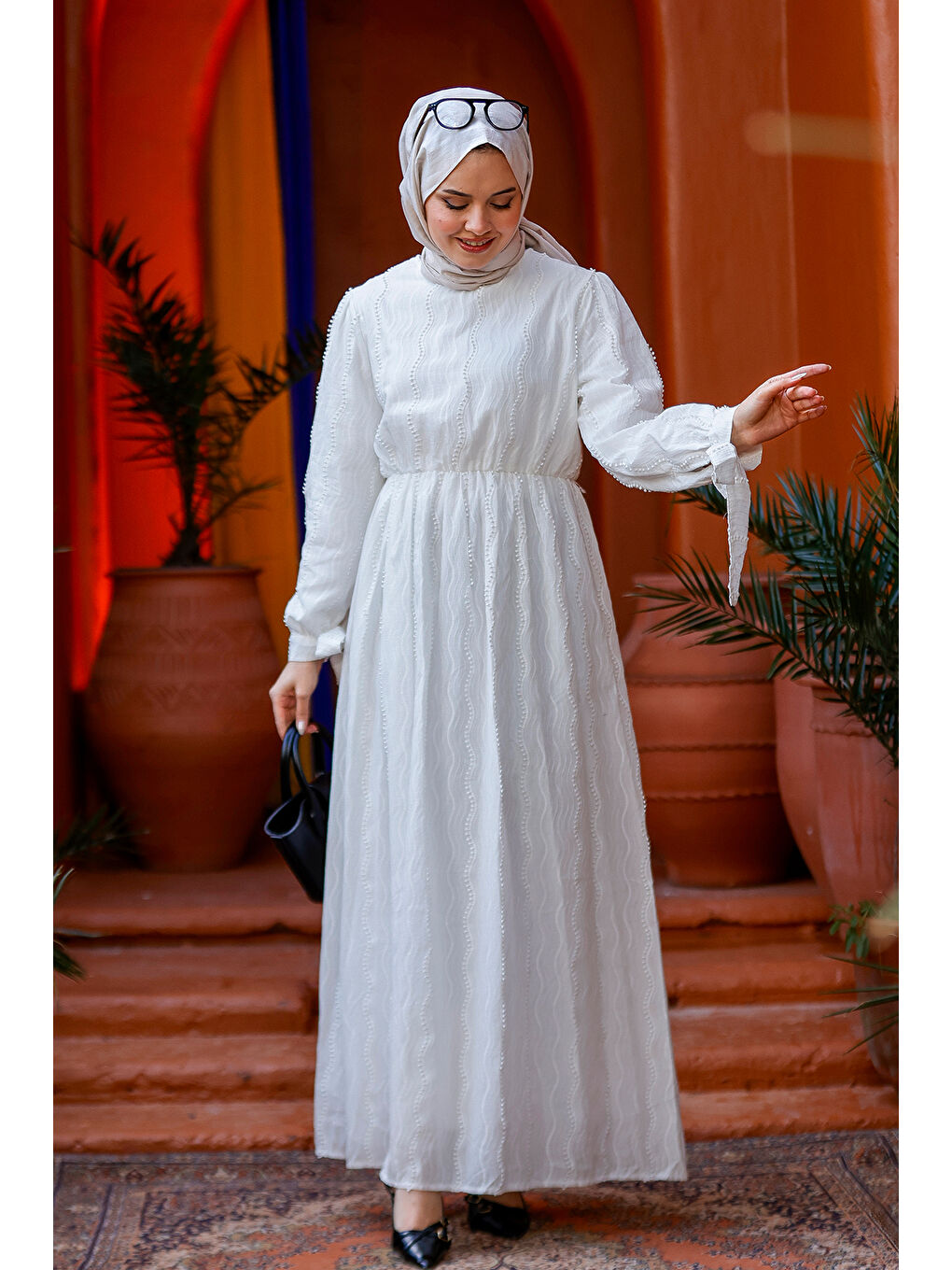Kadın Kol Bağlamalı Jakar Elbise Beyaz-1