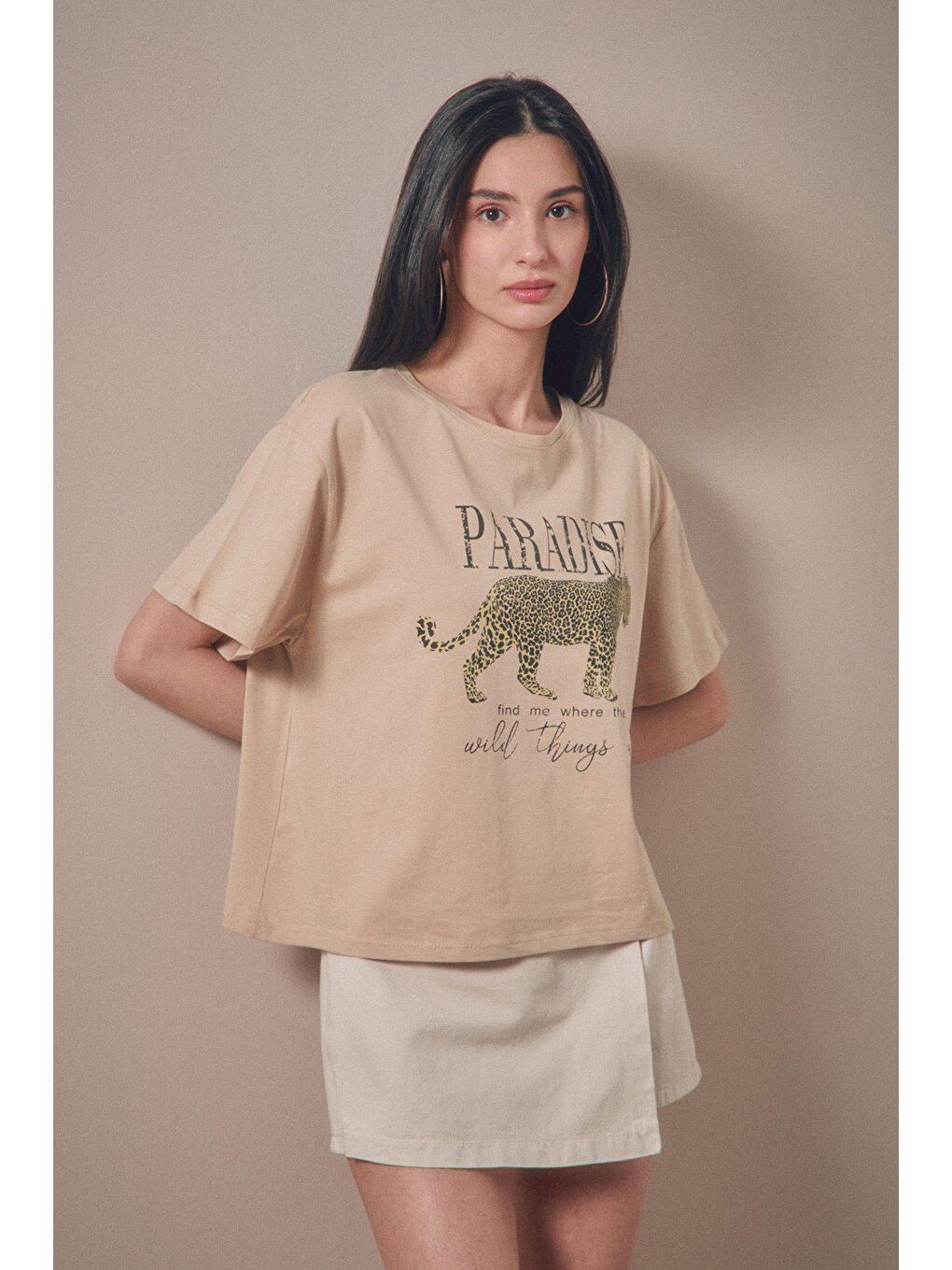 Bej Paradise Baskılı Oversize Tişört-2