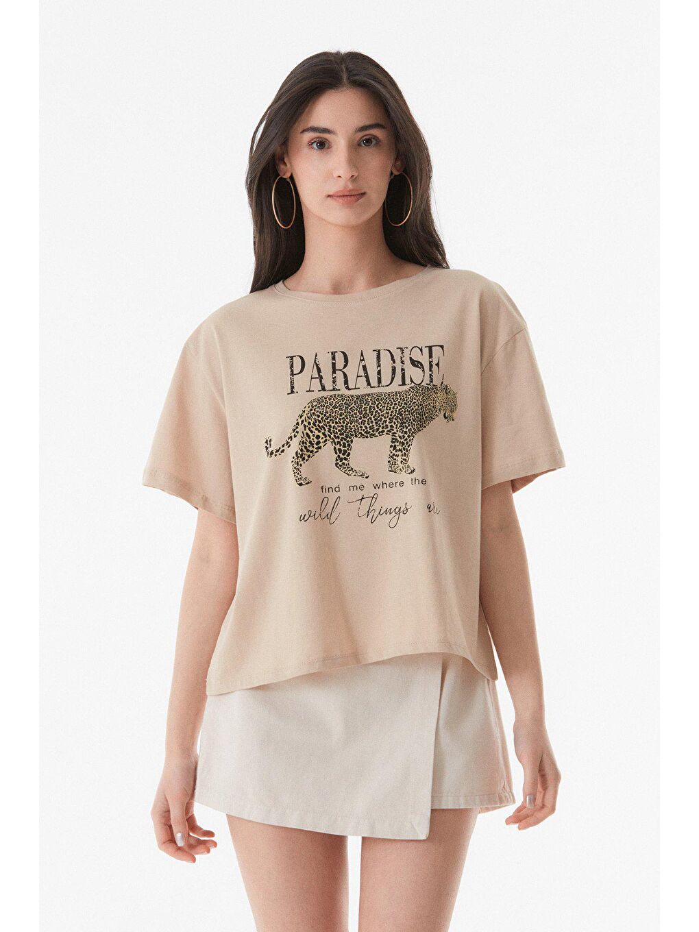 Bej Paradise Baskılı Oversize Tişört-3