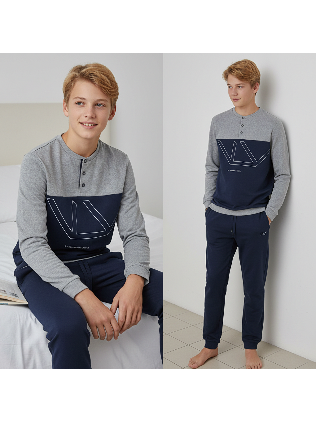 Genç Erkek Pamuklu Gri - Lacivert Renk Pijama Takımı Al008 V2 Bb2439-1