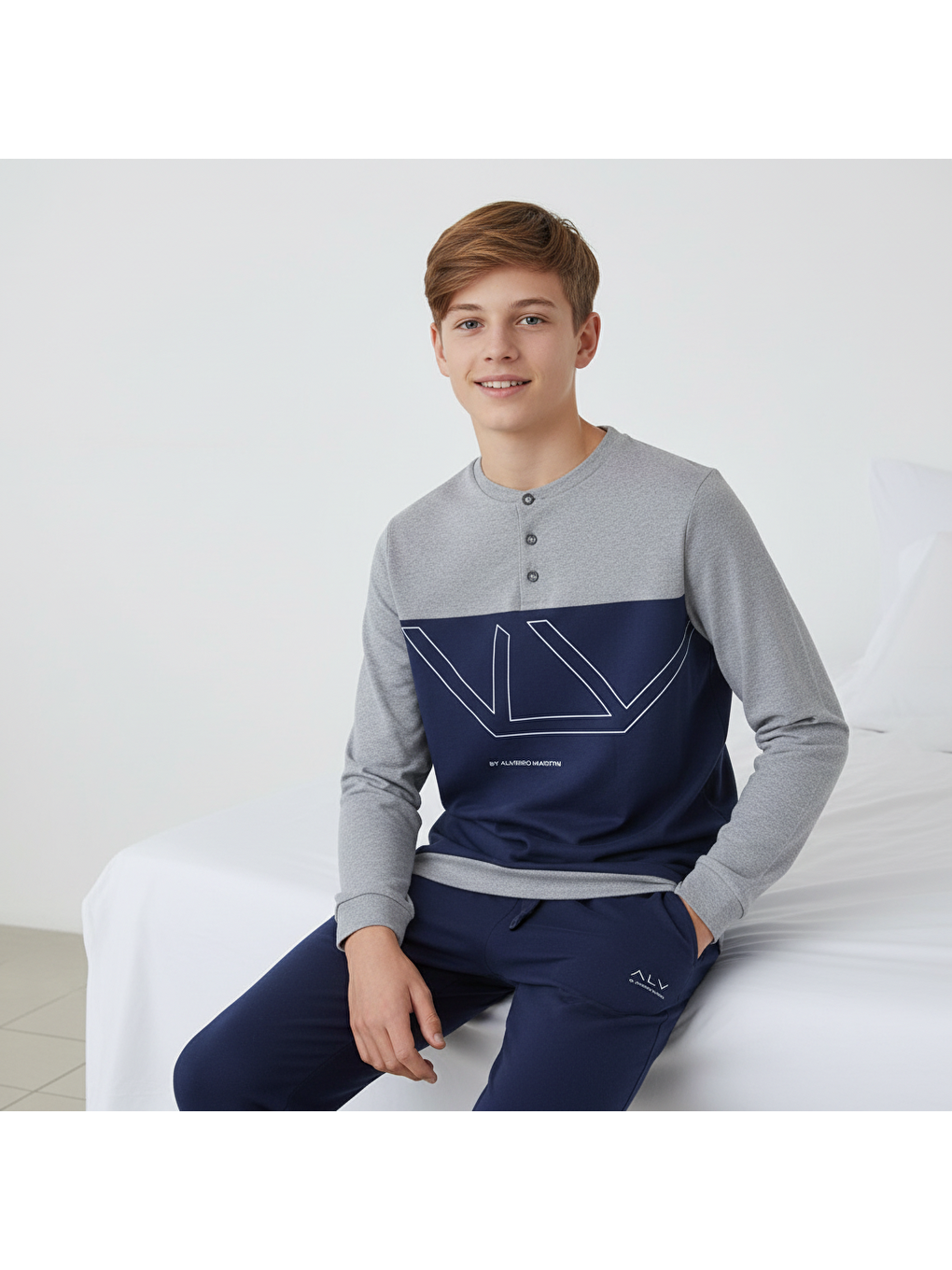 Genç Erkek Pamuklu Gri - Lacivert Renk Pijama Takımı Al008 V2 Bb2439-2