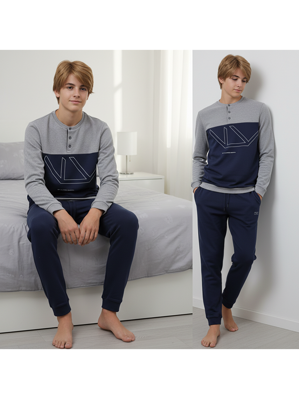 Genç Erkek Pamuklu Gri - Lacivert Renk Pijama Takımı Al008 V2 Bb2439-3