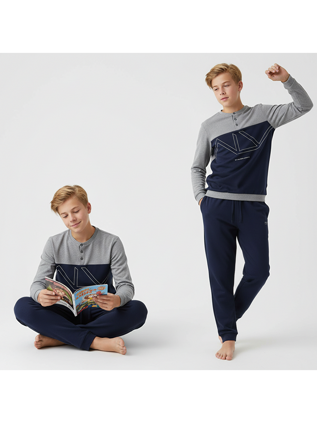 Genç Erkek Pamuklu Gri - Lacivert Renk Pijama Takımı Al008 V2 Bb2439-4