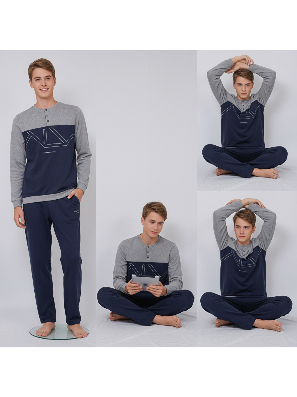 Genç Erkek Pamuklu Gri - Lacivert Renk Pijama Takımı Al008 V2 Bb2439-5