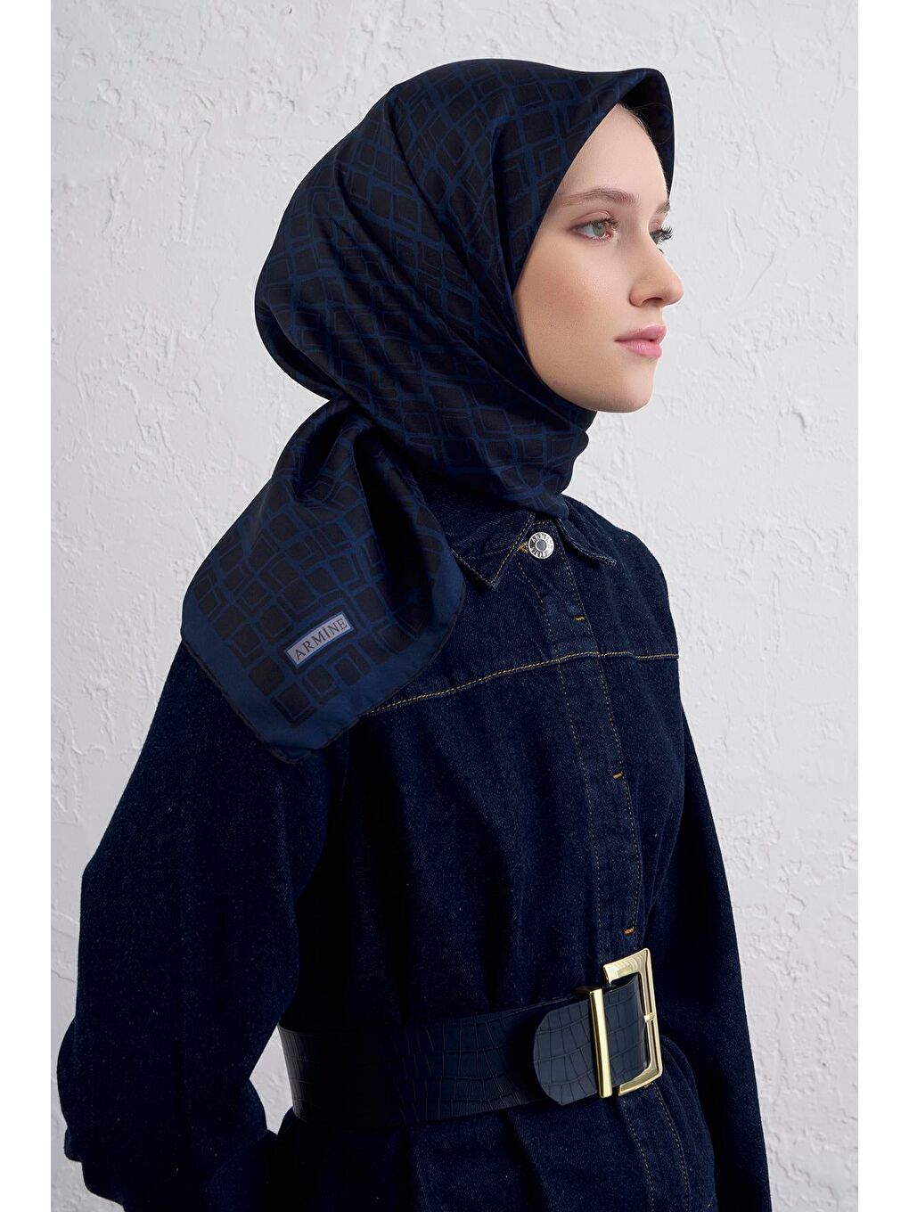 İndigo Geometrik Desenli Saf İpek Twill Eşarp 9438D 50